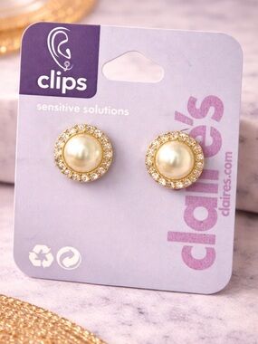 Claire’s Gold Pearl Crystal Clip-On Earrings